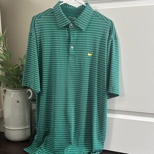 Masters L EUC Green and White Striped Polo with Yellow Logo